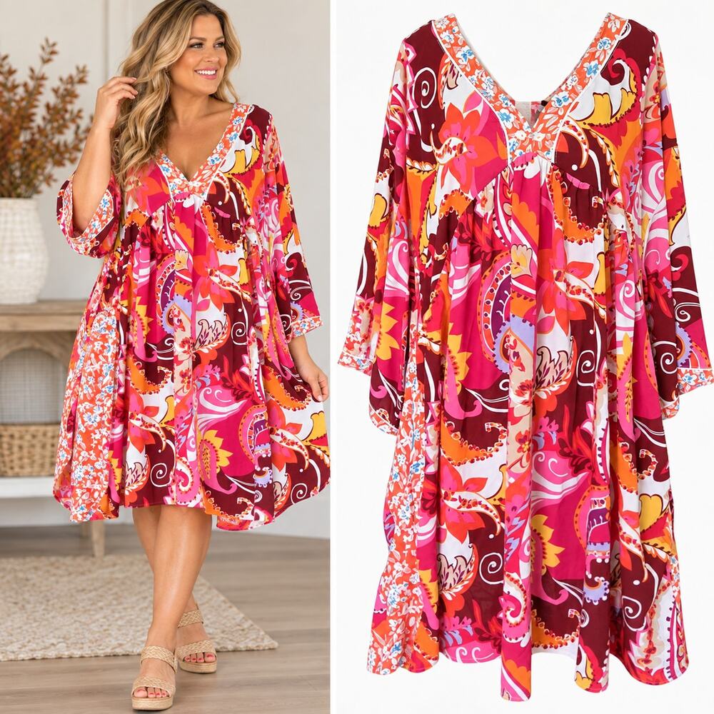 Easel Los Angeles Dress 3X Plus Size Boho Paisley Floral Pink Orange V Neck